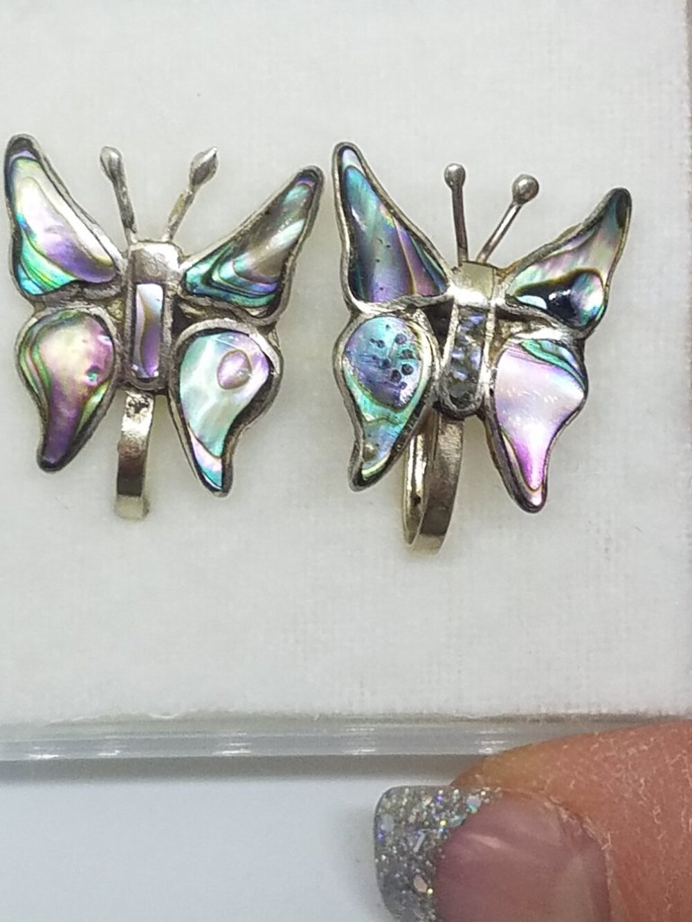 Handmade BUTTERFLY Screw-back Earrings Silver Mexico "Taxco Eagle 3" Mark MOP